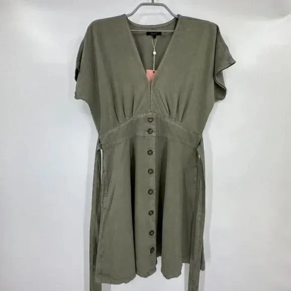 Quince Vintage Wash Tencel Button Front Dress with Tie Waist size S Olive Green - Picture 2 of 8